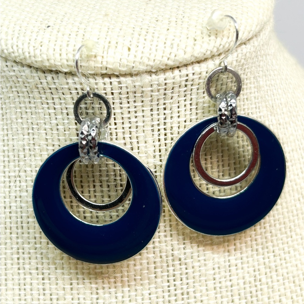 Blue Hoop Metallic Fishhook‎ Earrings